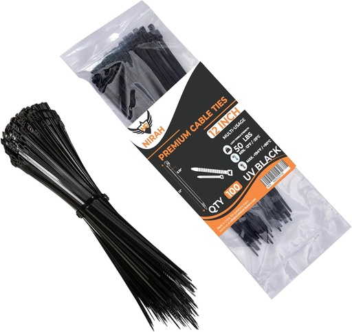 Zip Ties 12 inch Black 100 Pack, Heavy Duty Strength. Durable, Self locking, UV Resistant Black Cable Ties, Wire Ties for Wire Management, Indoors & Outdoors use