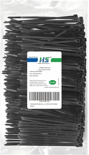 HS Durable Plastic Zip Ties 4 Inch (Bulk-1000 Pack)